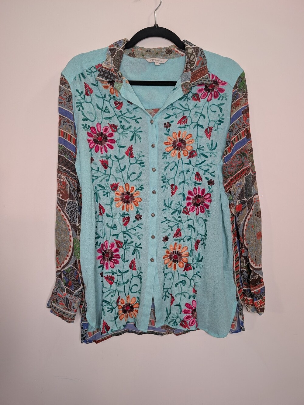 John Mark Embroidered Floral Mixed Print Button Down Top Large - Picture 2 of 6